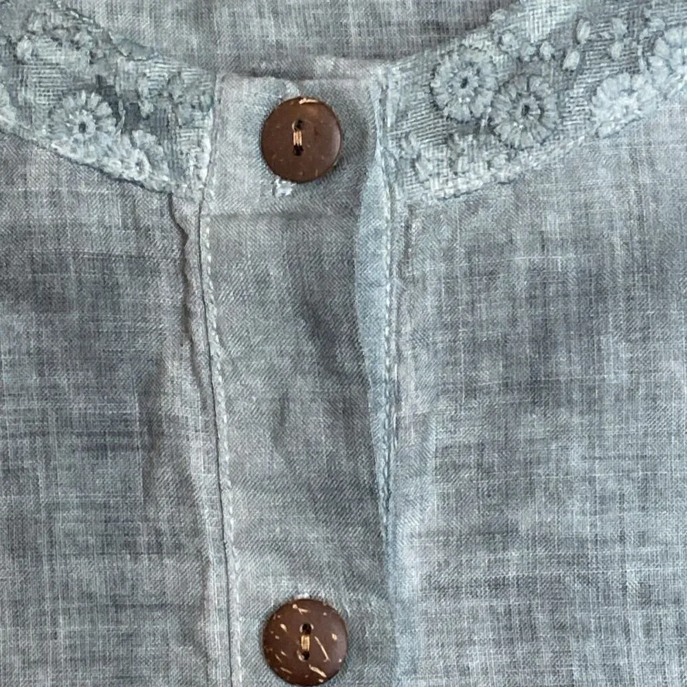 Linen Lagenlook Cottagecore Size XL Ombre Green Floral Tunic Button Front Top